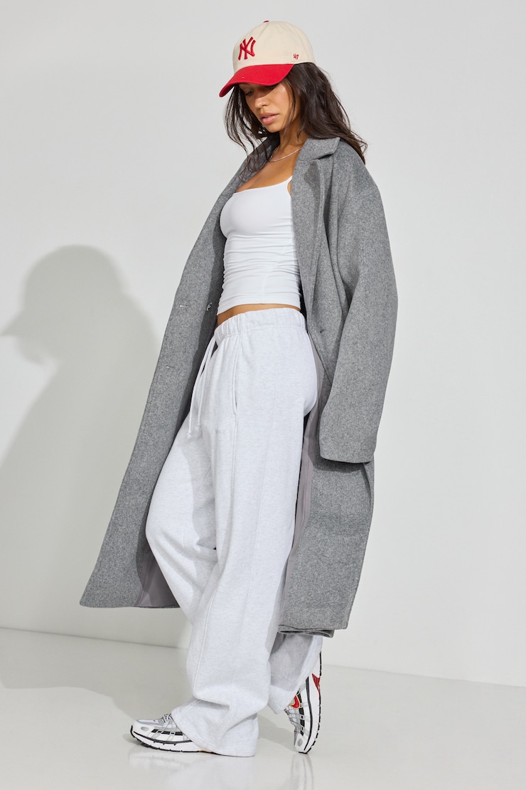 Oversized Long Felted Trench Coat Grey