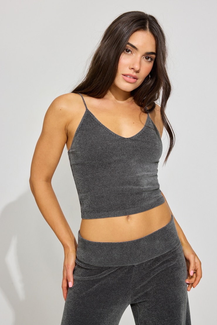 Chenille Tiny Strap V-Neck Cami Top Gray - Image 2