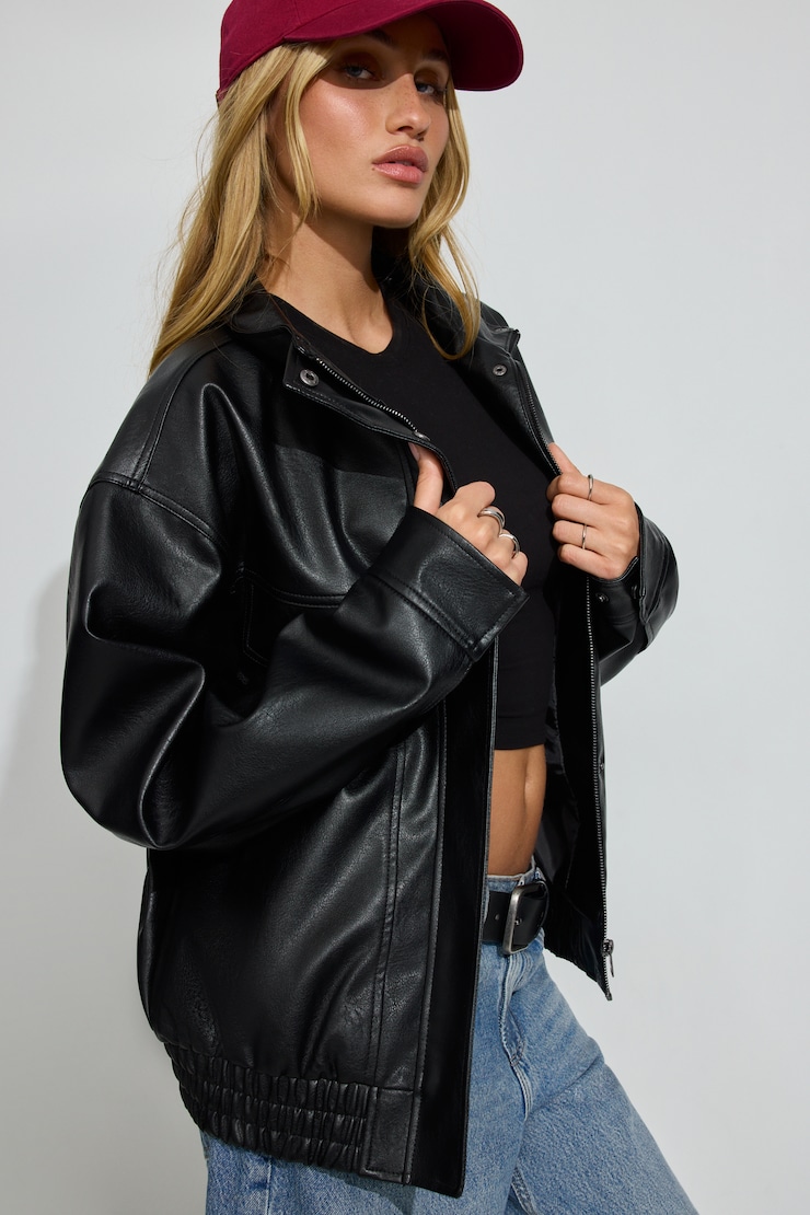 Oversized Faux Leather Stand Collar Bomber BLACK - Image 2