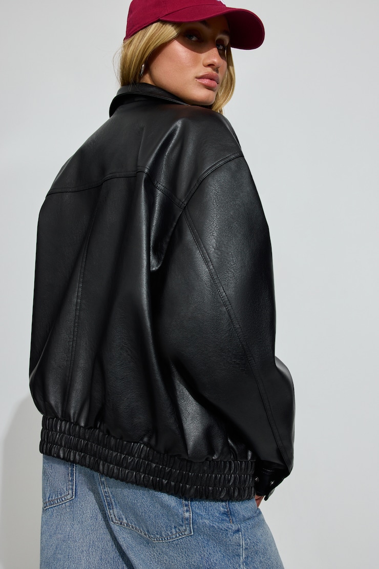 Oversized Faux Leather Stand Collar Bomber BLACK - Image 4