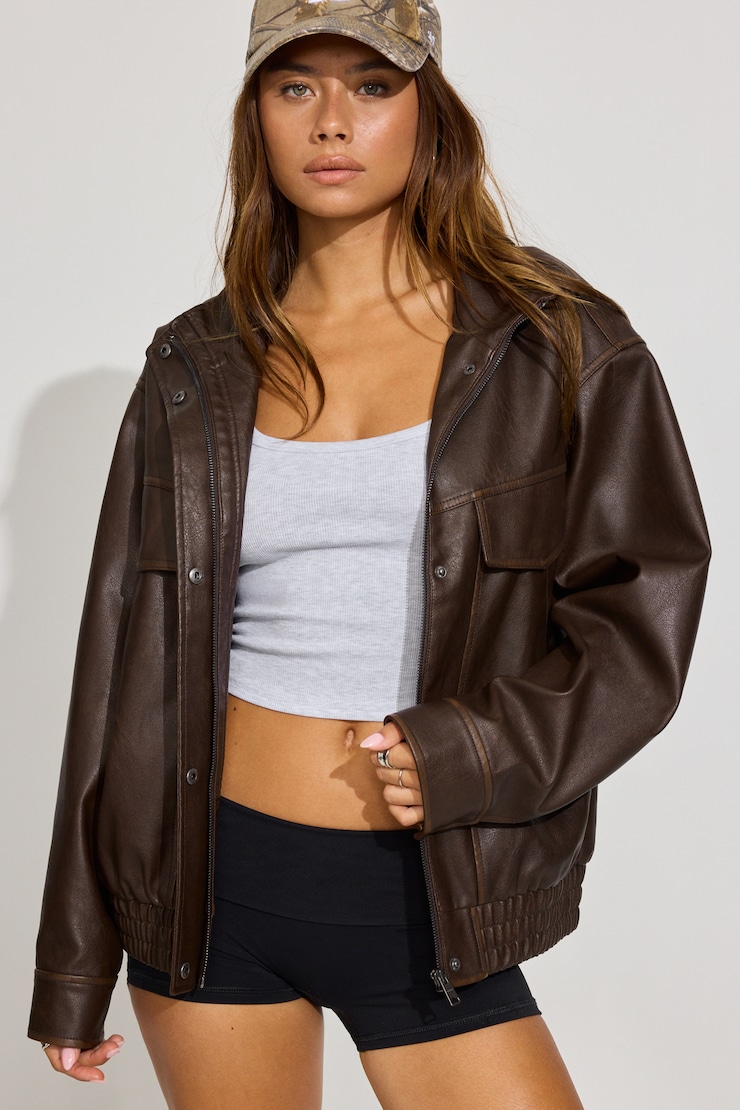Oversized Faux Leather Stand Collar Bomber Brown - Image 2
